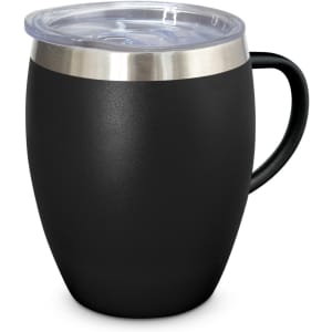 A drink bottle with a black matte finish, stainless steel rim, and a clear lid, featuring a sturdy handle.