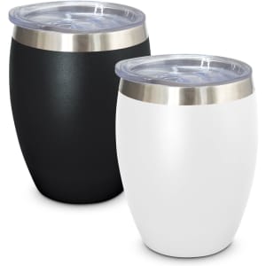 A drink bottle set featuring one black and one white vacuum cup with stainless steel rims and clear lids.