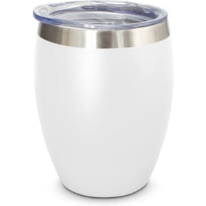A drink bottle in white with a stainless steel rim and a clear lid, featuring a logo on the surface.