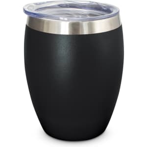 A drink bottle in matte black with a stainless steel rim and a transparent lid. It features a rounded design.
