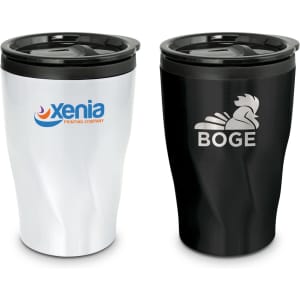 A drink bottle featuring a curved design, one in silver and one in black, each with a lid and branding.