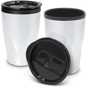 A silver coffee cup with a black lid, featuring a curved design and an inner compartment. It has a branding logo.
