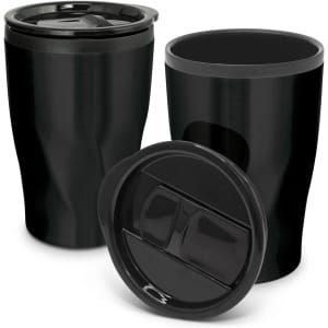 A black coffee cup set featuring a curved design, a removable lid, and a matching base. It includes two cups.