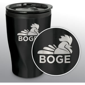 A coffee cup in black with a sleek design and a logo on the front. Features a plastic lid for easy sipping.