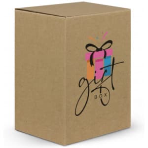 A gift box with a decorative design featuring colourful elements and a black ribbon on a brown cardboard background.