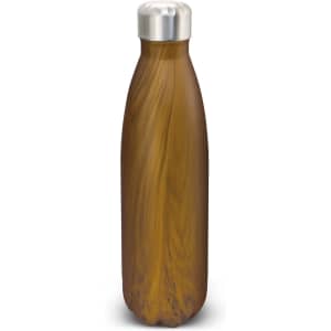 A drink bottle with a wood-like brown finish and a stainless steel cap, featuring a logo.
