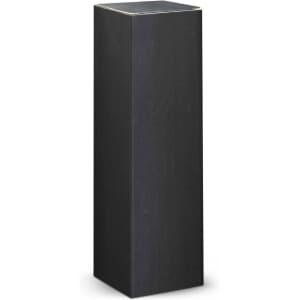 A drink bottle in a sleek black finish with a tall, cylindrical shape and a minimalist design. It has a logo.