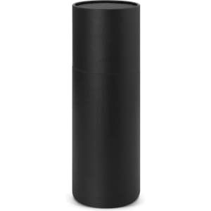 A drink bottle in a sleek black design, featuring a cylindrical shape and a matching lid. It has a logo.