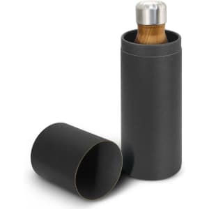 A drink bottle with a stainless steel lid and wooden finish, encased in a sleek black container.