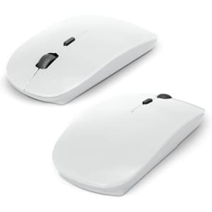 A white travel mouse is displayed from two angles, featuring a sleek design and a scroll wheel.