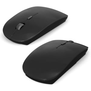 A black travel mouse with a sleek design, featuring a scroll wheel and a branding logo.