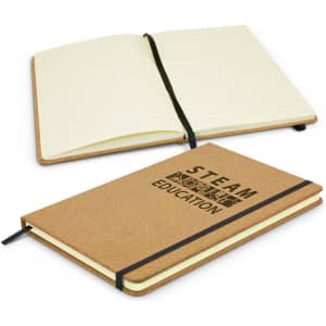 A Somerset cork notebook featuring a brown cover, elastic closure, and lined pages. Includes a logo on the front.