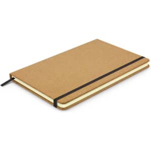 A cork notebook with a brown cover, featuring a black elastic band and yellow pages inside.