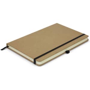 A beige notebook with a black elastic band, featuring a textured cover and a ribbon bookmark.