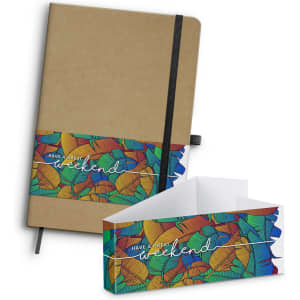 A colourful, patterned notebook in natural brown with an elastic closure and a matching gift box.
