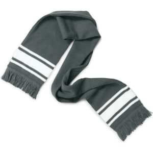 A grey scarf with white stripes and fringed ends, featuring a logo.