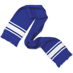 A blue scarf with white stripes and fringed ends, featuring a logo on one side.