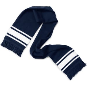 A navy blue scarf with white stripes and fringed ends, featuring a logo.