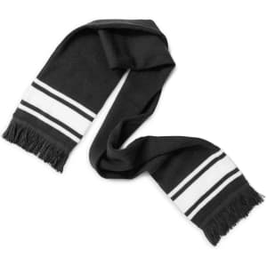 A black scarf with white stripes and fringing, designed as a stylish clothing accessory.