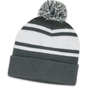 A green and white beanie with a pom pom on top and horizontal stripes. It features a folded cuff.