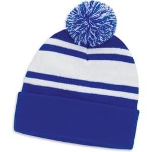 A blue and white striped beanie with a pom pom on top and a fold-over cuff. It features a logo.