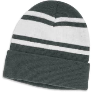 A green and white striped beanie with a folded cuff and a logo on the side.