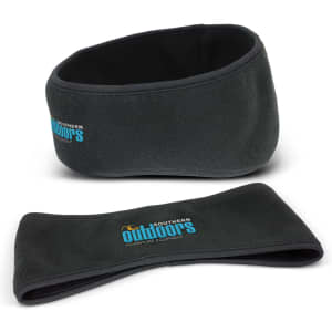 A dark grey fleece ear warmer, featuring a logo, with a snug design and soft texture.