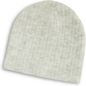 A grey cable knit beanie with a soft texture and a fitted design. It features a logo on the side.