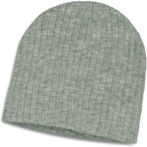 A green heather cable knit beanie with a ribbed texture and no visible branding.