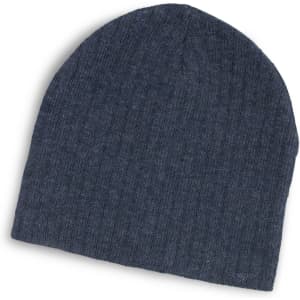 A grey cable knit beanie with a ribbed texture and a soft appearance. It has a logo on it.