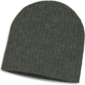 A green cable knit beanie with a soft texture and a simple design, featuring a logo.