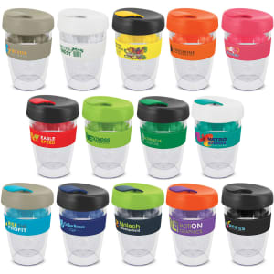 A collection of colourful 330ml drink bottles with lids and various branding options, featuring transparent bases.
