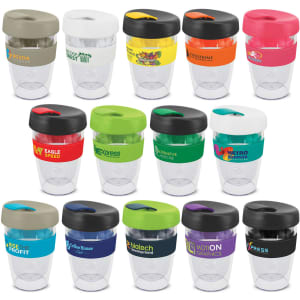 A collection of colourful travel mugs with lids and bands, featuring various designs and logos. Each mug has different colours.