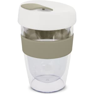 A drink bottle featuring a transparent body with a white lid and a beige silicone band. It has a logo.
