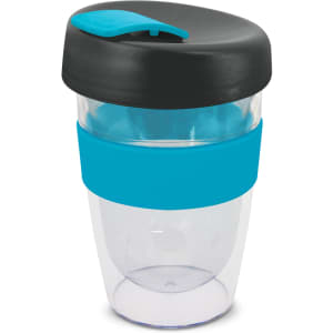 A drink bottle featuring a clear body, black lid, and a turquoise band. It has a sleek, modern design.