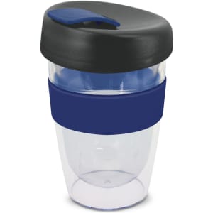 A drink bottle featuring a clear body, black lid, and navy blue band, with a secure top for easy sipping.