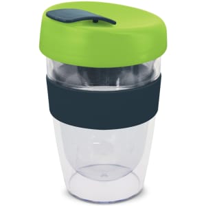 A drink bottle with a clear body, navy band, and a green lid, featuring a logo. Holds 330ml.