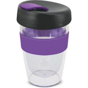 A drink bottle with a clear body, black lid, and purple silicone band, featuring a branding logo. Holds 330ml.