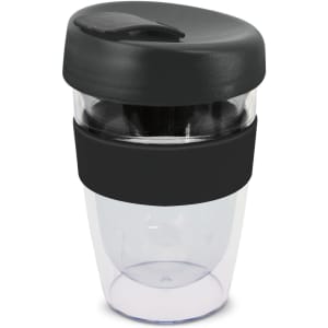 A drink bottle featuring a transparent body and a black lid and band, holding 330ml. It has a logo.