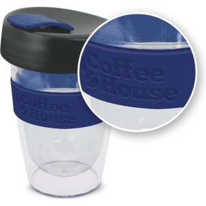 A drink bottle featuring a transparent body, black lid, and navy blue silicone band with a logo. Holds 330ml.