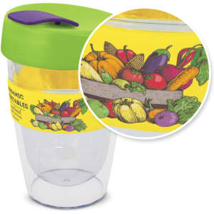 A drink bottle featuring a transparent body, green lid, and an illustrated wrap of various vegetables. It has a logo on it.