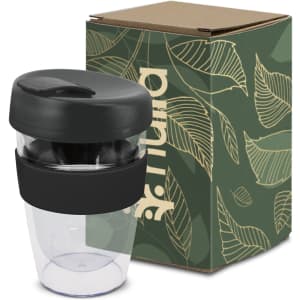 A drink bottle featuring a clear body, black lid, and band, accompanied by a decorative box.