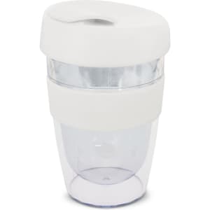 A drink bottle with a clear bottom and a white lid, featuring a white band around the middle.