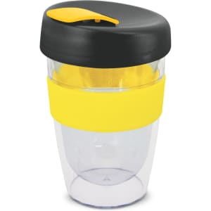 A drink bottle with a transparent body, black lid, and a yellow silicone band around the middle.