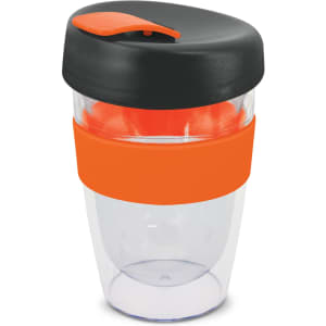 A drink bottle with a clear body, black lid, and orange band, holding 330ml. Features a logo on the surface.