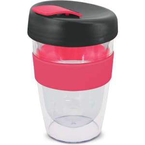 A drink bottle featuring a clear design with a black lid and a pink silicone band. Includes a logo.