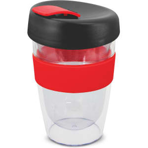 A drink bottle with a transparent body, red silicone band, and a black lid. It has a logo on the side.