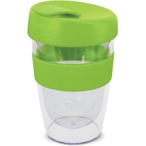 A drink bottle featuring a transparent body with a green lid and band, holding 330ml.