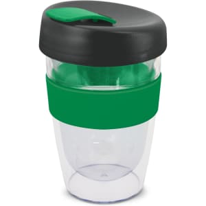 A drink bottle with a transparent body, a black lid, and a green band. It has a 330ml capacity.