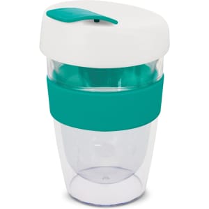 A drink bottle featuring a clear body, teal band, and a white lid. It includes a logo. Holds 330ml.